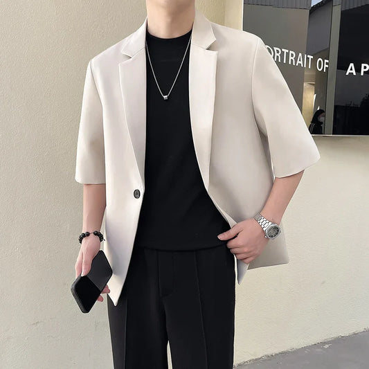 Men's Short Sleeve Blazer Casual Summer Suit Jacket Light Khaki