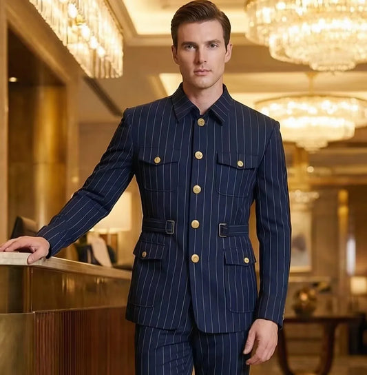 Men's Navy Blue Pinstripe Suit with Military Style Lapel and Four Functional Pockets Gold Buttons Slim Fit 2 Piece Formal Wear
