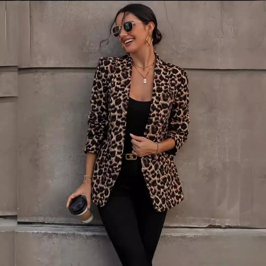 2024 New Style Leopard Print Suit Jacket Top Polyester Material Slim Fit Long Sleeve mid Length Coat for Women Fashionable
