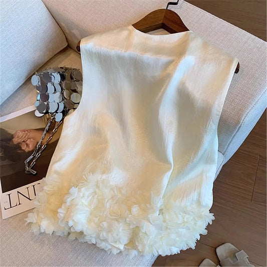 Women Vest Small Fragrance Jacket Satin Sleeveless Top Spring Summer New Fashion Temperament Petal Hem Waistcoat Female Vest