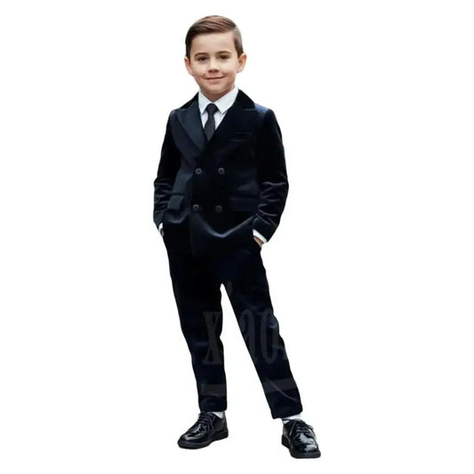 Dark Navy Velvet Boys Suit Double Breasted 2 Piece Wedding Prom Party Pageant Outfit Elegant Tailored Comfortable Fit Kids Wear