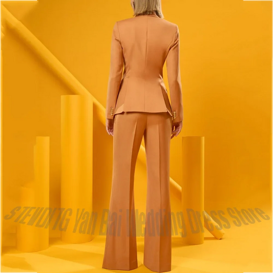 Professional Women Suit with Gold Buttons Classic Double Breasted Slim Fit Blazer Pants Formal Business Outfit Office Work Event