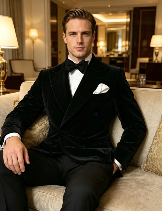 Handsome 2PCS Black Velvet Suit For Men Wedding Double Breasted Suits Formal Groom Suit Set Classic Jacket Pants Wedding Suits
