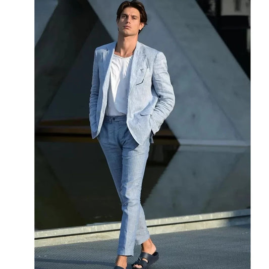 Men Suit Blue Linen Summer Men Suits 2 Pcs Notch Lapel One Button Travel Beach Blazer Jacket Tuxedos Pant Slim Fit Costume Homme