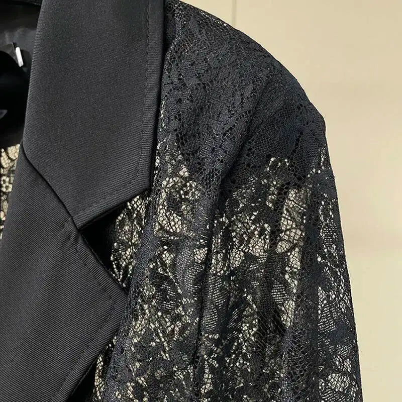 Women Black Sheer Floral Lace Blazer Long Sleeve Lapel Collar Single Breasted See Through Loose Fit Casual wear 2026 new