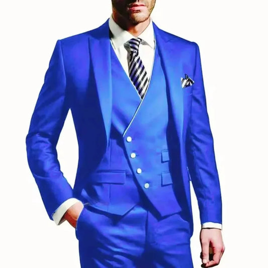 Solid Color 3-Piece Men's Suit Single Button Lapel Formal Business Wedding Set Vest Pants Fashionable Men's Ensemble