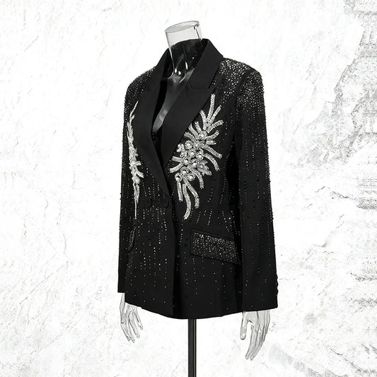 Spring Autumn New Women Blazer Beaded Sequined Studded Diamonds Double Breasted Slim Fit Elegant Luxury Trendy Coat HK17096