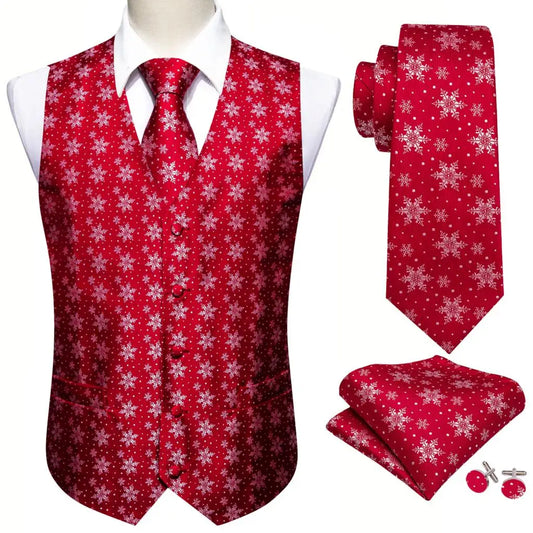 Men's Formal Vest Set with Tie & Bowtie – Red Christmas Snowflake & Elk Pattern for Weddings & Holiday Parties
