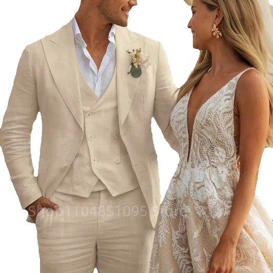 Costumes de Mariage Homme Lin 3 Pièces Beige/Bleu, Tuxedos de Marié, Ensemble de Costume Décontracté pour Plage, Mariage ou Bal de Promo avec Veste, Gilet et Pantalon