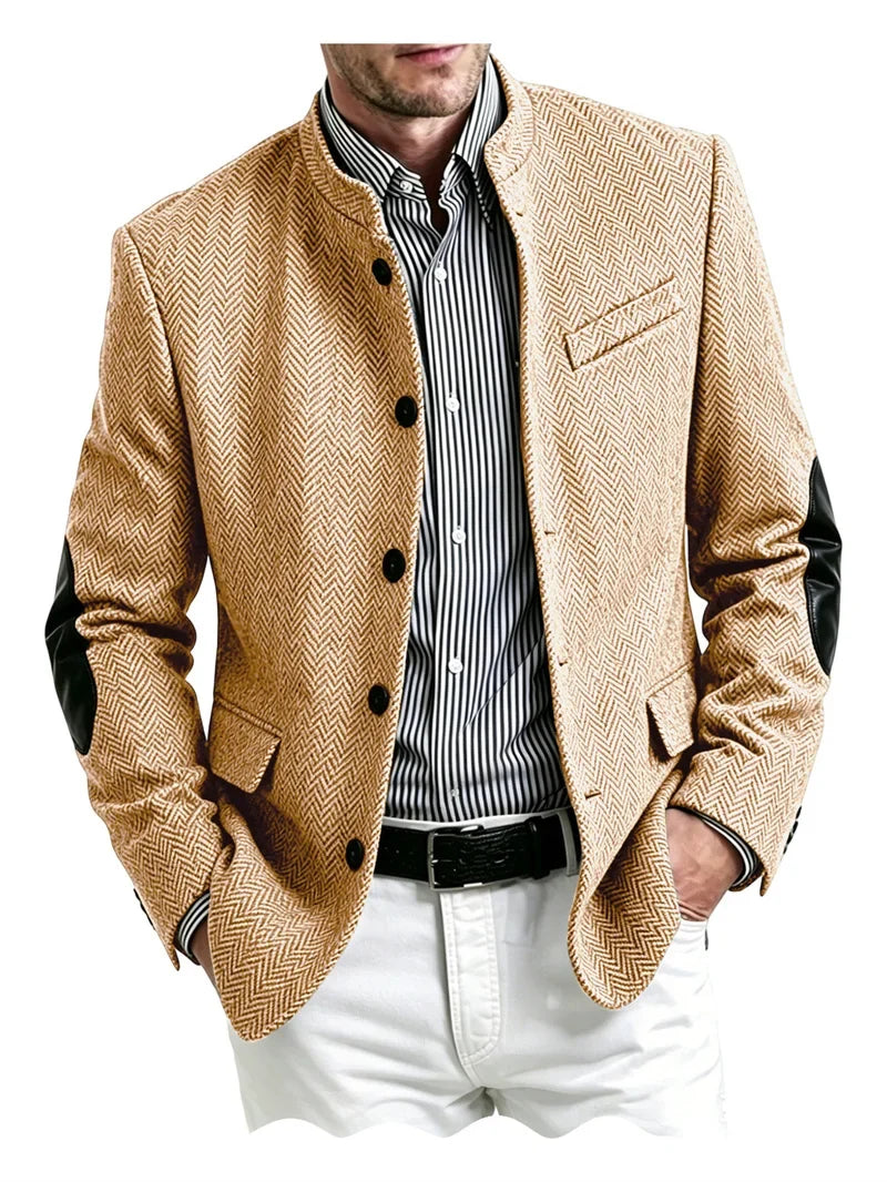 Men's Herringbone Tweed Blazer With Elbow Patches Retro Stand Collar Jacket Slim Fit Daily Party Business Casual Sport Coat 