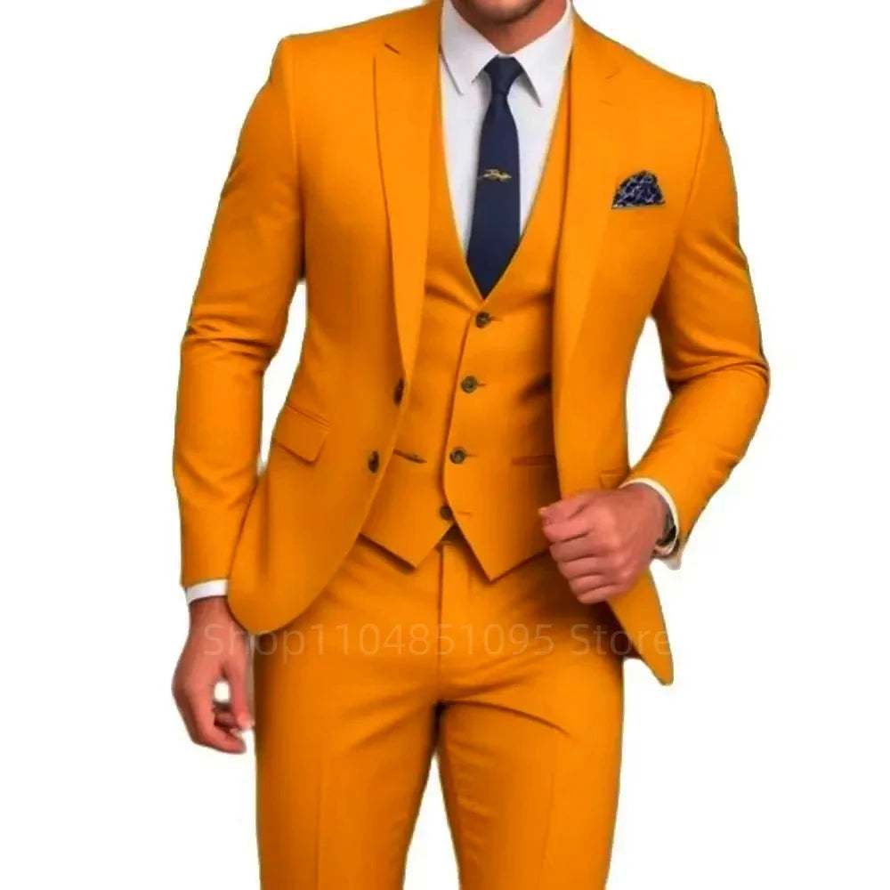 Costumes d'affaires jaunes pour hommes, revers cranté, deux boutons, blazer, tuxedos de marié, ensemble 3 pièces, veste, gilet, pantalon pour fête