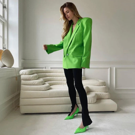 Spring New Green Quality Suit Top Women's Stylish Street Style Loose Fit Long Sleeve Double Button Pure Color Chic Outerwear