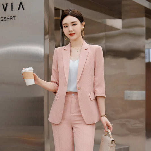Office Pant Suits for Women Three Quarter Streetwear Casual Two Piece Set 2024 New Spring Summer Single Button Solid Pant Suits