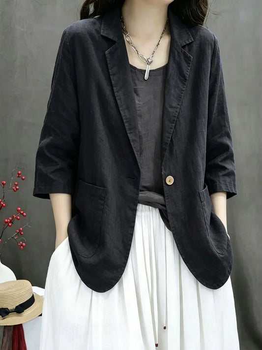 Summer New 2026 Artistic Vintage Cotton Linen Casual Three-Quarter Sleeve Pure Color Small Western Style Short Outerwear Top