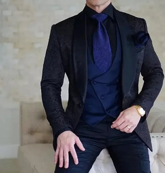 Burgundy Wedding Men Suits Slim Fit Tuxedo 3 Pieces Suit Groom Prom Jacquard Blazer Terno Masculino Suit
