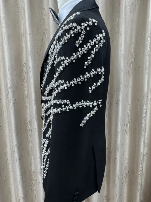 Men's Luxurious Pearls Suit Set 2 Pieces Dancing Wear Double Breasted Men's Slim Fit Suits Wedding Brithday Party Outifit S-3XL
