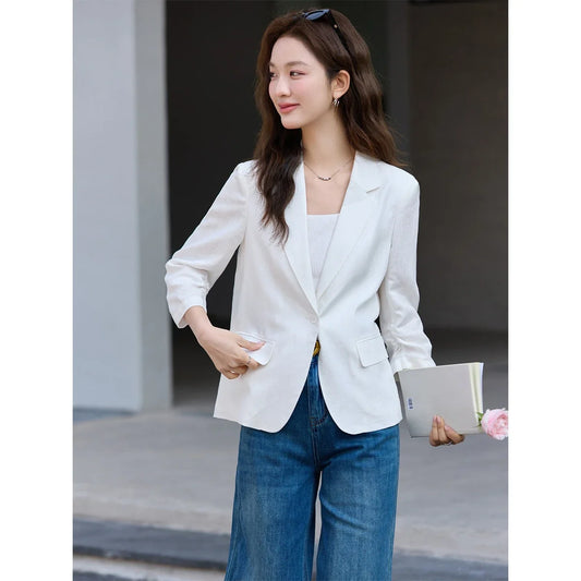 Women's White Blazer 2026 Old Money Style Three Quarter Sleeve Single Button Jacket Versatile Office Lady Blazers A5171