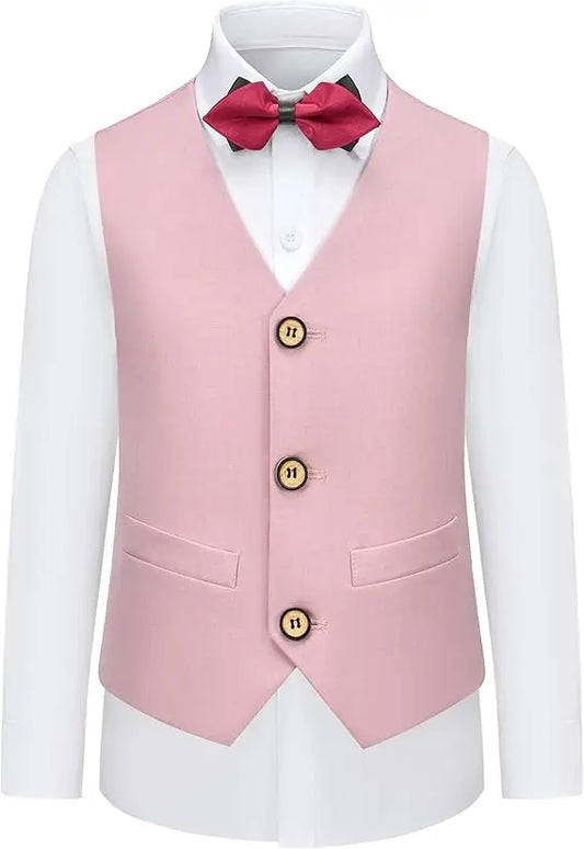 Boys Pure Pink Jacket Vest Pants Bowtie+Pocket Cloth 5pcs Wedding Birthday Outfit Kids Formal Piano Host Performance Costume