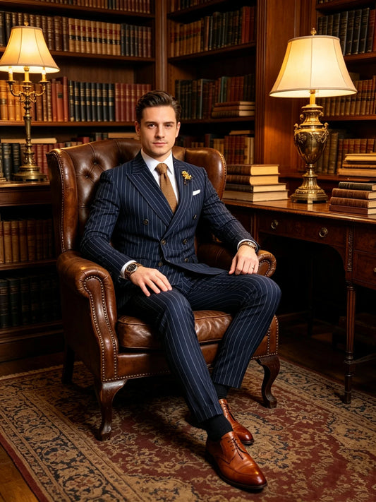 Slim Fit Navy Blue Striped Men's Tuxedo 2 Piece Fashion Dress Suit for Wedding Prom Party Groom Elegant Formal Blazer And Pant