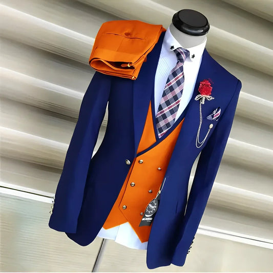 Fashion Men's Suit 3 piece Set Royal Blue with Yellow Wedding Groom Tuxedo Jacket Pants Vest Outfit for Mens