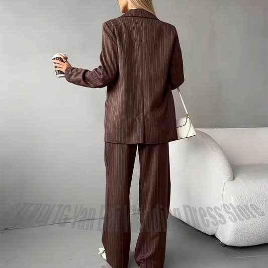 New Women's Brown Sripe Blazer Pants Suit Notch Lapel Back Split Loose Casual Formal Work Two Piece Set Fashion Streetwear