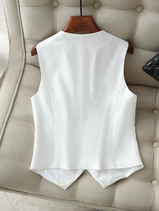 Women's White Vest V-Neck Sleeveless Button Down Waistcoat Formal Business Suit Vest Casual Linen Blazer Jacket Top Outerwear