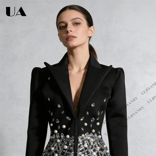 Glamorous Rhinestone Pearl Embellished Tassel Blazer Slim Fit Short Jacket with Crystal Droplets & Beaded Fringes Nightclub