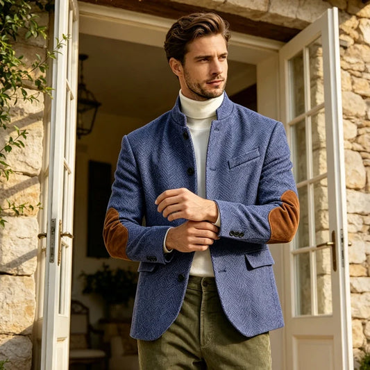 Men's Herringbone Tweed Blazer with Suede Elbow Patches – Stand Collar Wool Blend Jacket for Casual & Business Wear