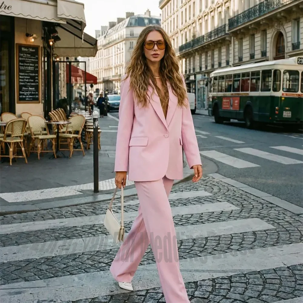 Pink Oversized Blazer Pants Set Single Button Wide Leg Trousers 2 Piece Suit High Street Style Casual Office Women Outfit
