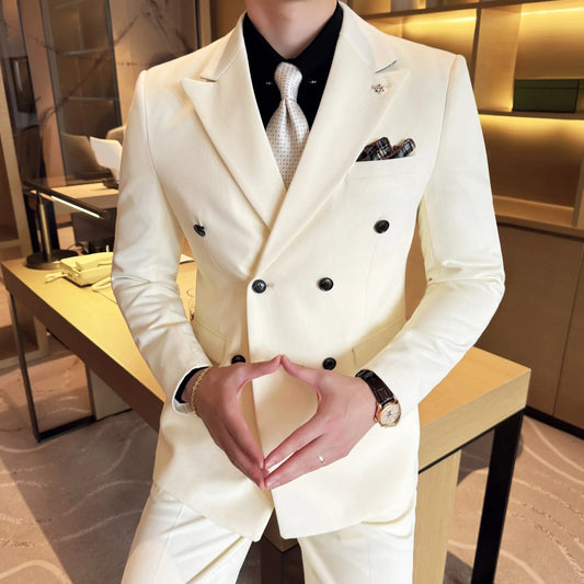 Men's Double Breasted 3-Piece Slim Fit Suit for Groom Wedding, Office & Formal Events