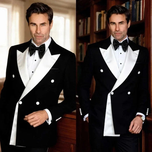 Mens 2 Pieces Tuxedo Suit Double Breasted Black Jacket Pants Set White Satin Peak Lapel Slim Fit Formal Wedding Groom Customized
