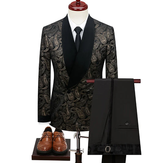 Luxury Suit Set Men Double Breasted Suit 3 Piece Set (Blazer+vestTrousers) Gentleman's Banquet Wedding Groom Host Party Suits