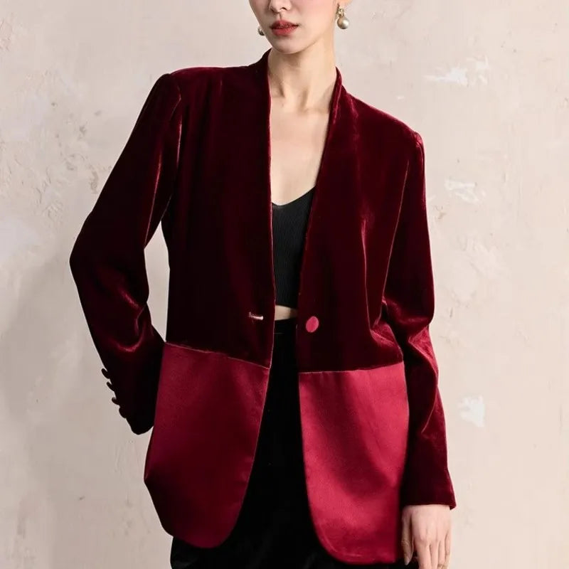 One Button Velvet Spliced Women Blazers Contrast Color Suit Jacket V-Neck Work Lady Loose Fit Outerwear Long Sleeve Autumn Coat