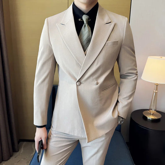 Trendy Suit Set Men Trendy Design Double Breasted Suit 3 Piece Set Wedding Groom Suit Vest Trousers Office Work Party Prom Suits