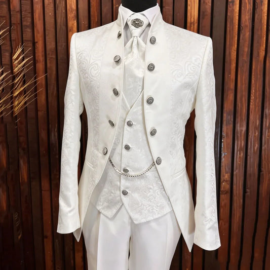Men Suit White 3 Pieces Floral Pattern Hight Neck For Wedding Birthday Banquet Party Business Work Office Set Jacket Vest Pants
