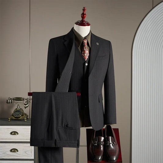 Men's Slim Fit Three-Piece Suit – Navy Blue & Black Wedding Business Formal