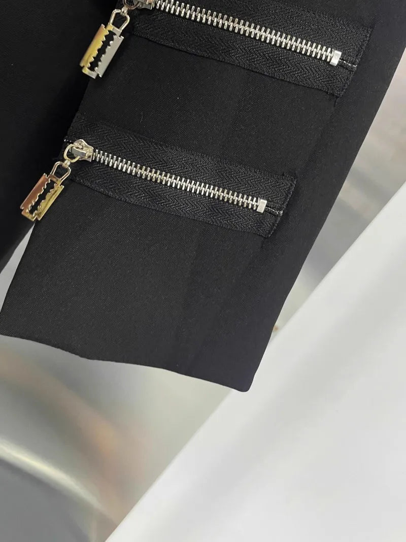 Fashion Chain Pin Design Women Blazers Black Suit Jacket Loose Fit Classic Shoulder Padded Coat Lapel Autumn Banquet Outerwear