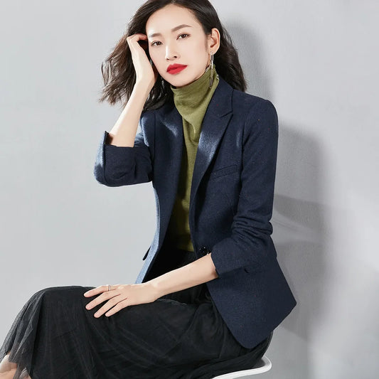 Commute Women's Blazers Autumn Winter Office Lady Solid Jackets Single Button Notched Lapel Woolen Coats Woman V7065