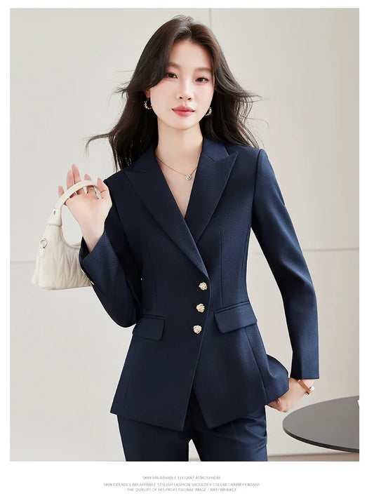 Elegant Formal Blazer Pants Set for Woman 2 Pieces Matching Sets Autumn Office Lady Work Jacket and Trousers Suit Pink