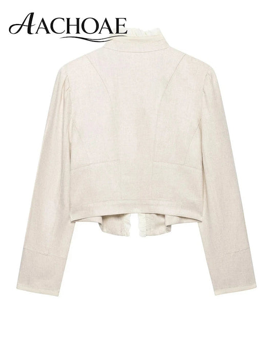Women's Cropped Military Blazer Ruffle Trim Stand Collar Jacket Double Button Vintage Elegant Long Sleeve Suit Coat