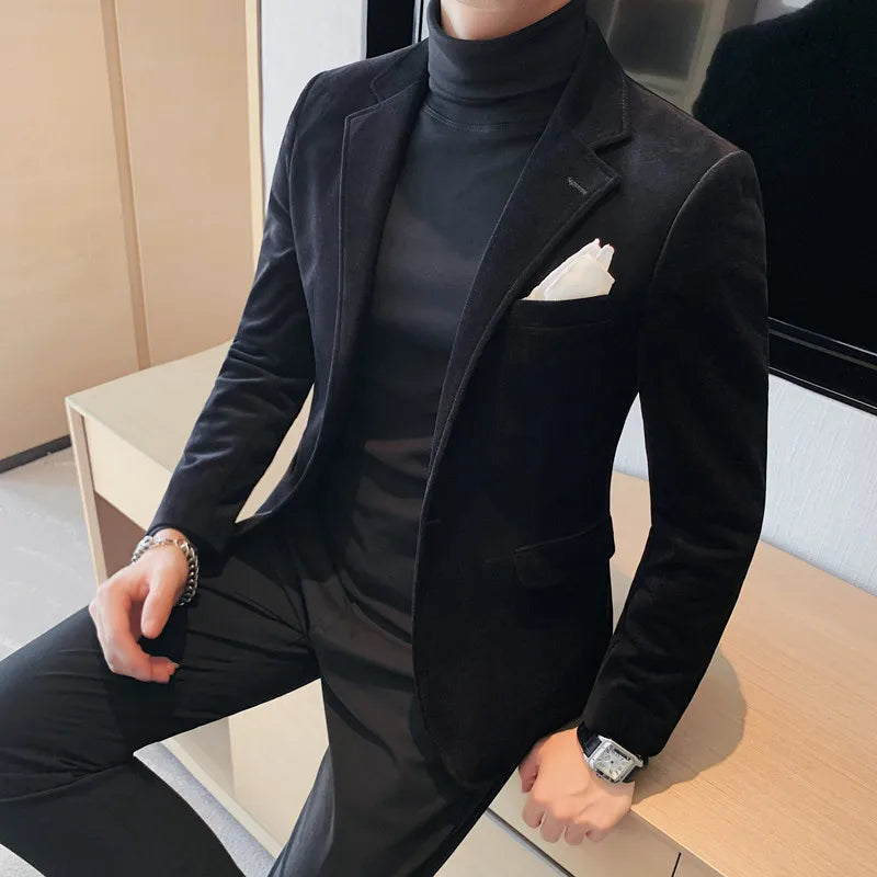 Men's Wool Blazer Single Breasted Smart Casual Solid Color Autumn Winter