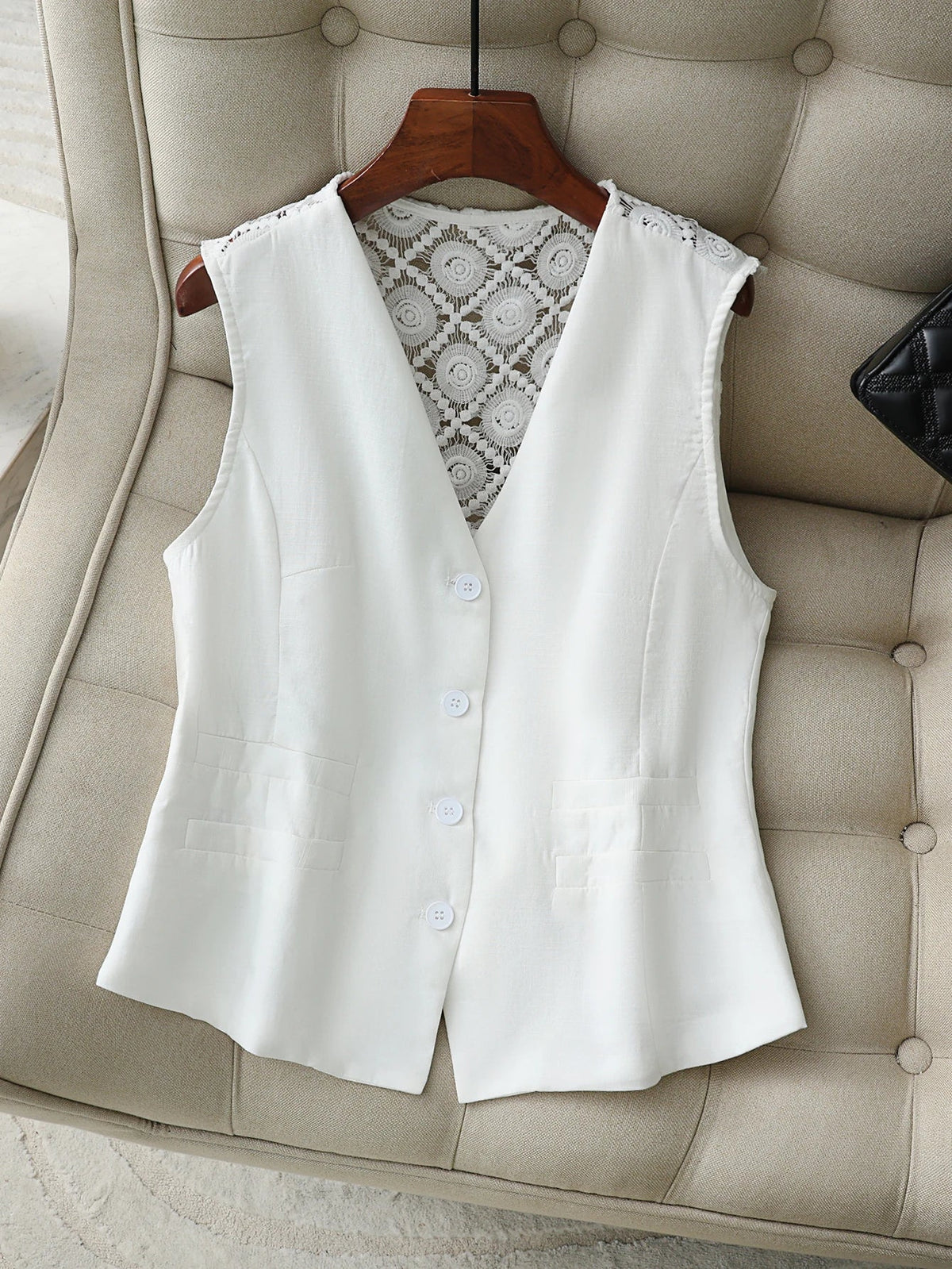 Women’s Summer Button Vest with Crochet Lace Back — Breathable, Linen-Style Texture, Deep V-Neck, Casual to Office Layer