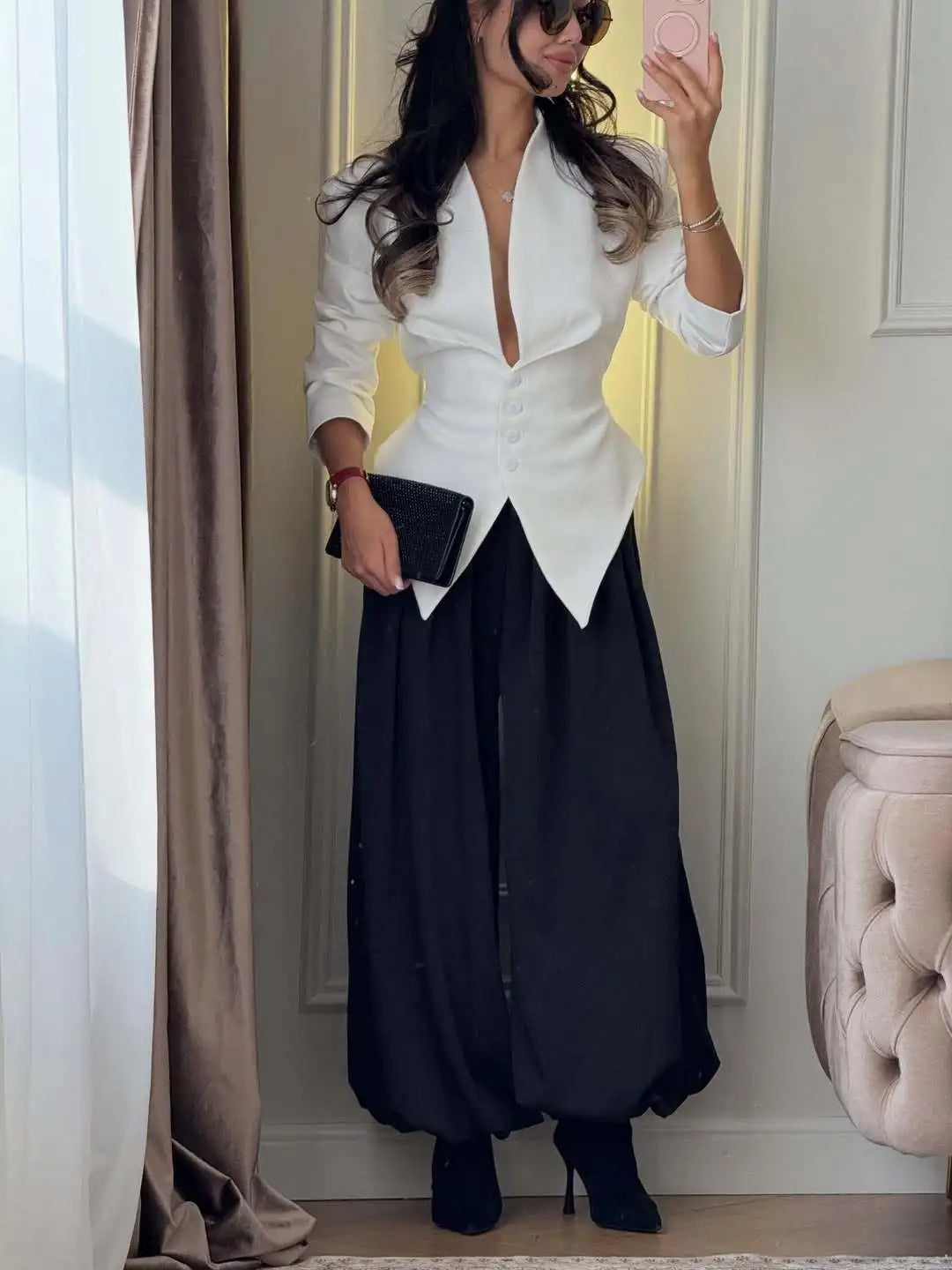 Women Blazer White Slim Fit Blazer Jacket Long Sleeve Deep V Neck Button Front Asymmetrical Hem Office Casual Elegant Jacket