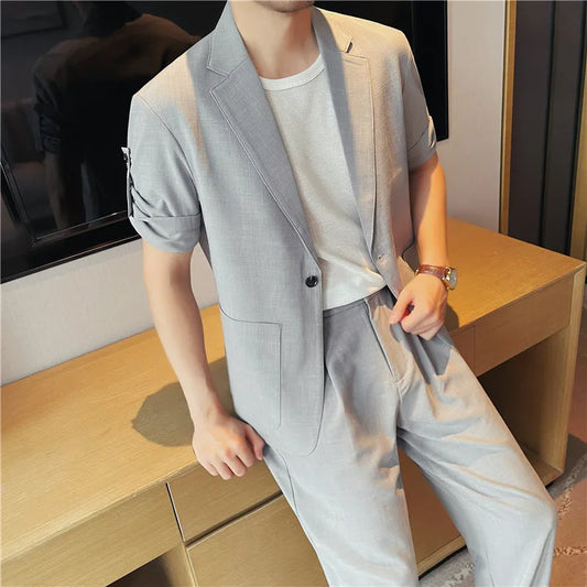 (Jacket+Pants) Summer New Thin Fashion Short Sleeve Suit Jacket Pant 2-Piece Men Loose Solid Suit Casual Office Party Tuxedo