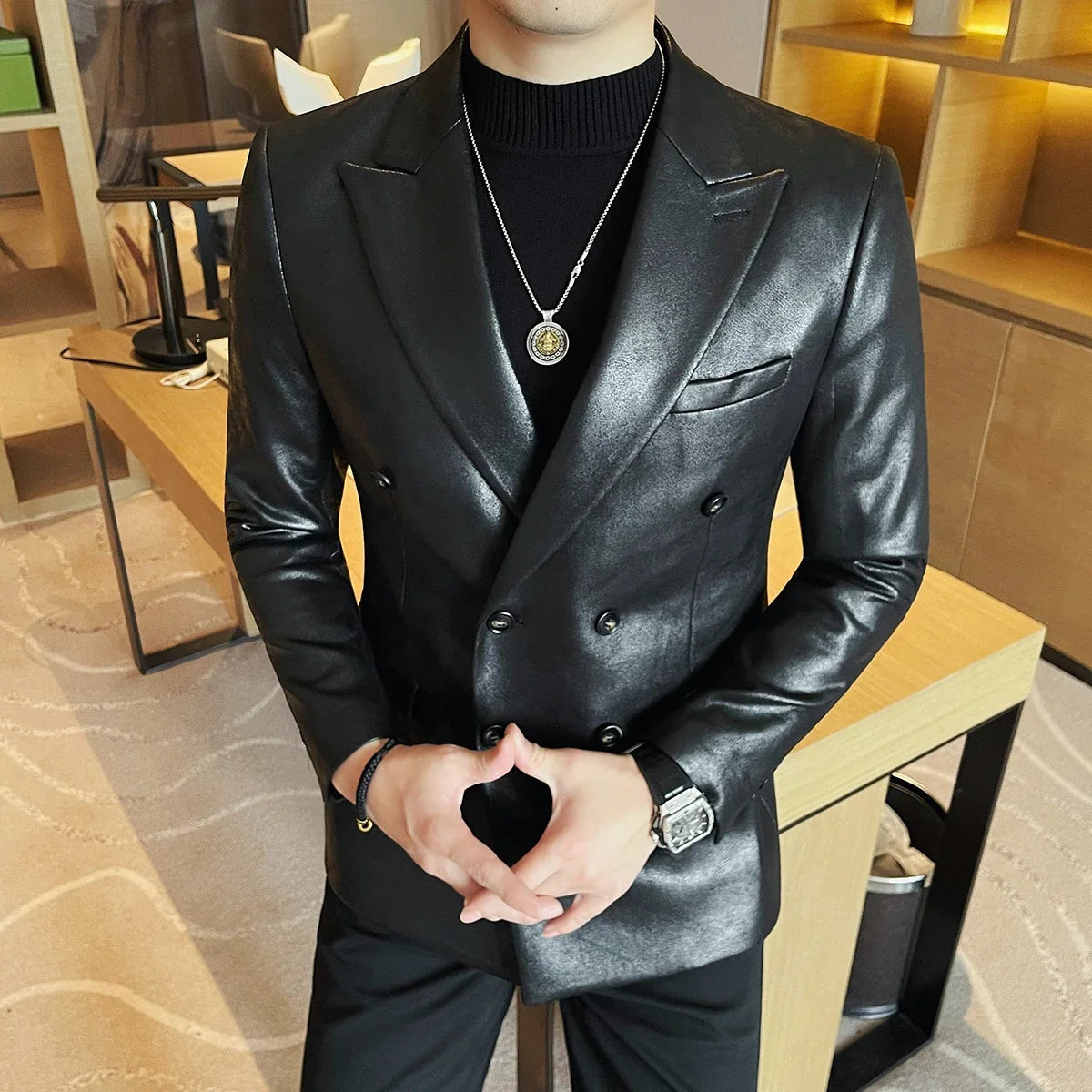 Retro Double Breasted Leather Jacket Mens High-end Fashion Slim Fit business Casual Suit Coat Formal Social Party Prom Tuxedos