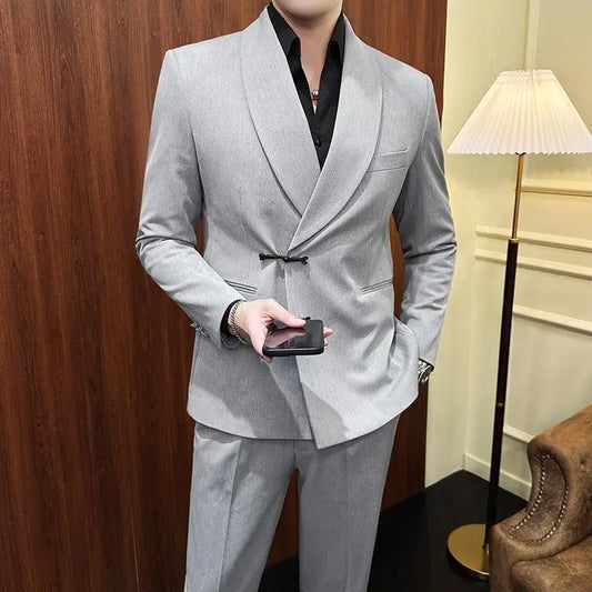 (Jacket+Pants) Vintage Luxury Chinese Style Suit Fashion Men High-end Elegant Business Social Wedding Dress Suit Tuxedo 2Pcs Set