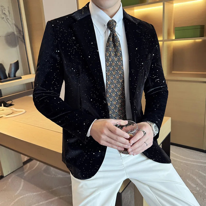 2025 Autumn New Velvet Jacket Men's Blazer Business Fashion Hot Stamping Printed Suit Jacket High-quality Luxury Dress Suit