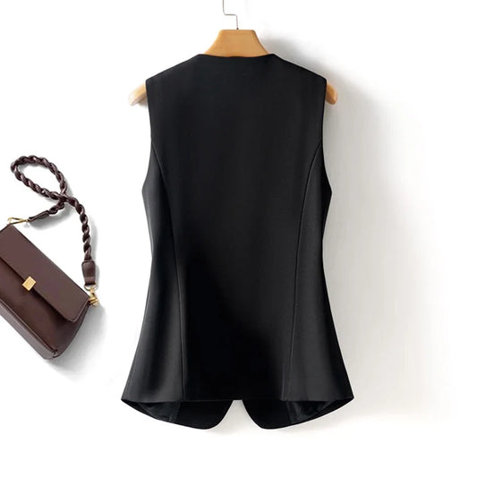 Black Round Neck Single-Breasted Fashion Vest for Women, Spring & Fall Fashionable Slim Sleeveless Suit Vest Top for Outer Wear