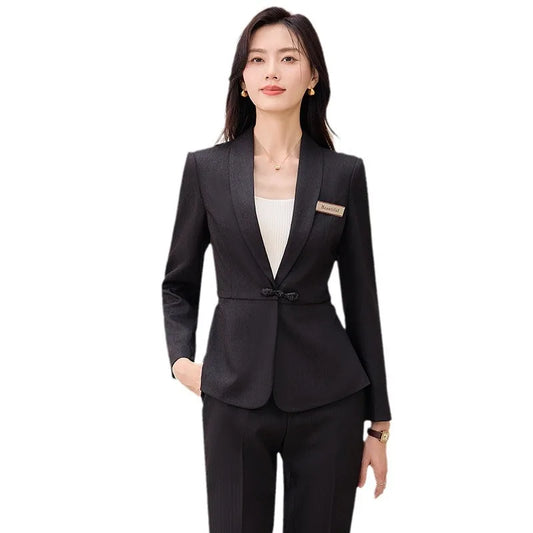 Autumn Winter Temperament Chinese Style Suit 2024 Black Wine Red Long Sleeve Blazer Coat + High Waist Pant Two Piece Set New