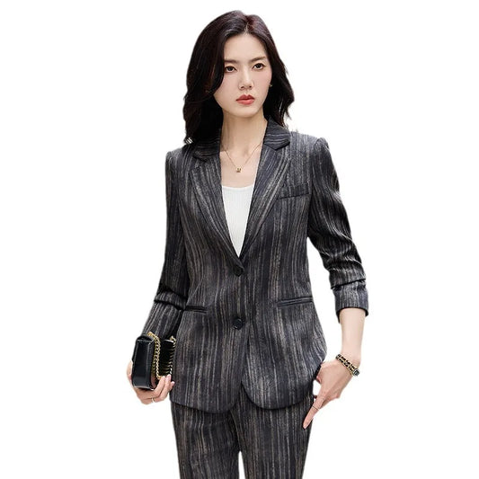 Fashion Women Striped Pants Suit New Spring Business Formal Slim Long Sleeve Thin Blazer and Trousers Office Ladies Work Wear